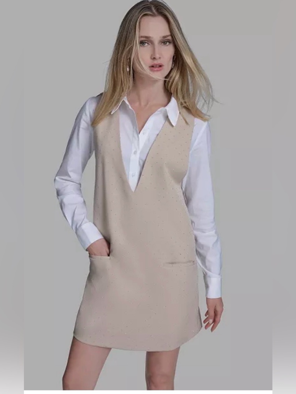 NWT BCBG Tan Rhinestone Vest White Long Sleeve Twofer Layered Mini Dress 4